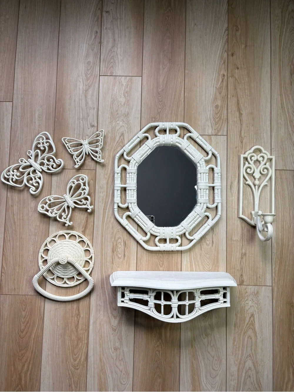 Vintage decor boho bamboo wicker mirror butterflies shelf towel & candle holder